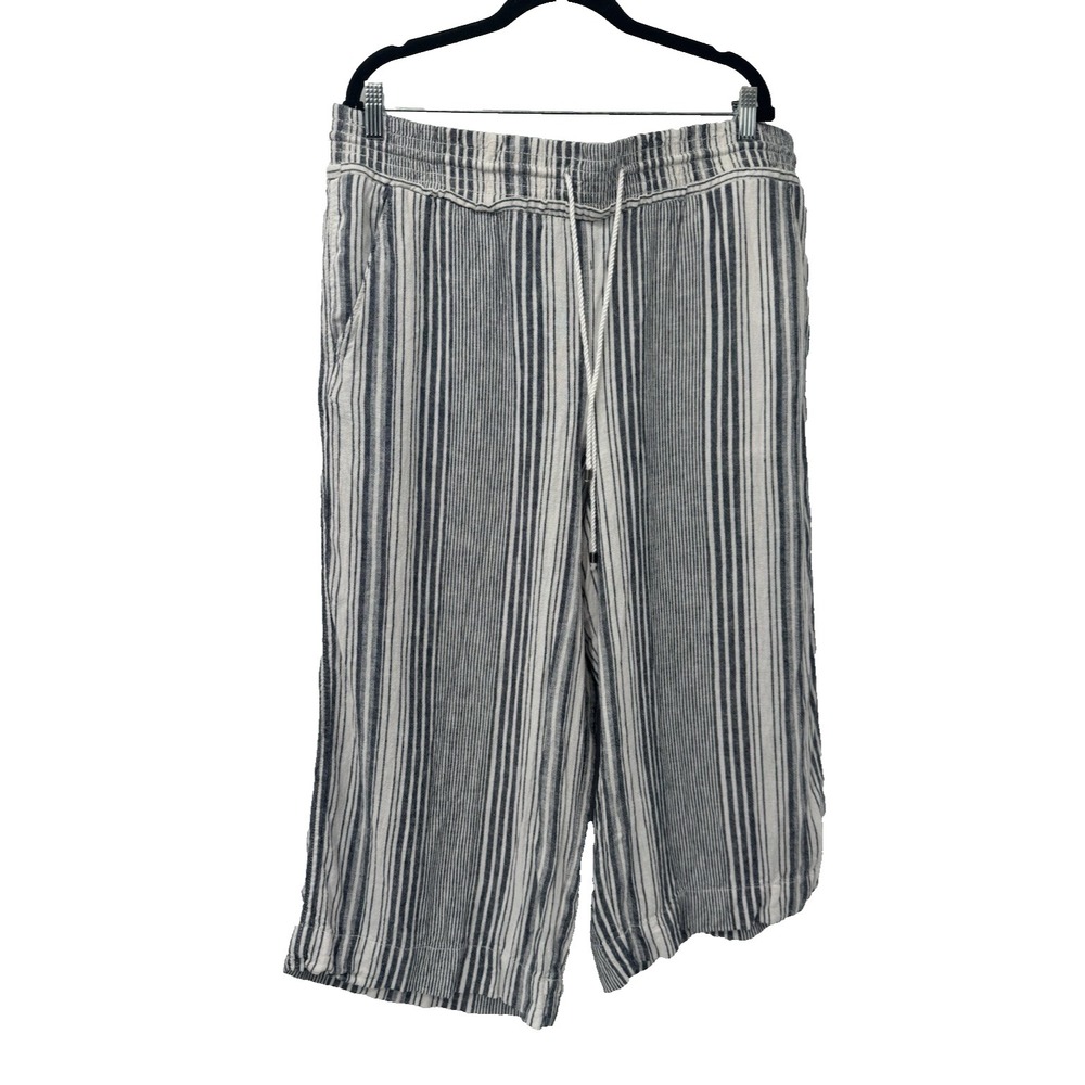 Cropped Wide leg pants XXL Linen Striped Baggy Wide Leg Beach pull on drawstring